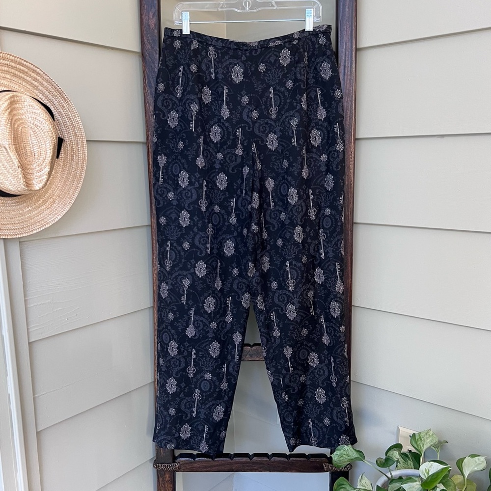 Talbots Black Key Print Pants Silk Wool Women's SZ 14 Straight Leg Lined Zipper